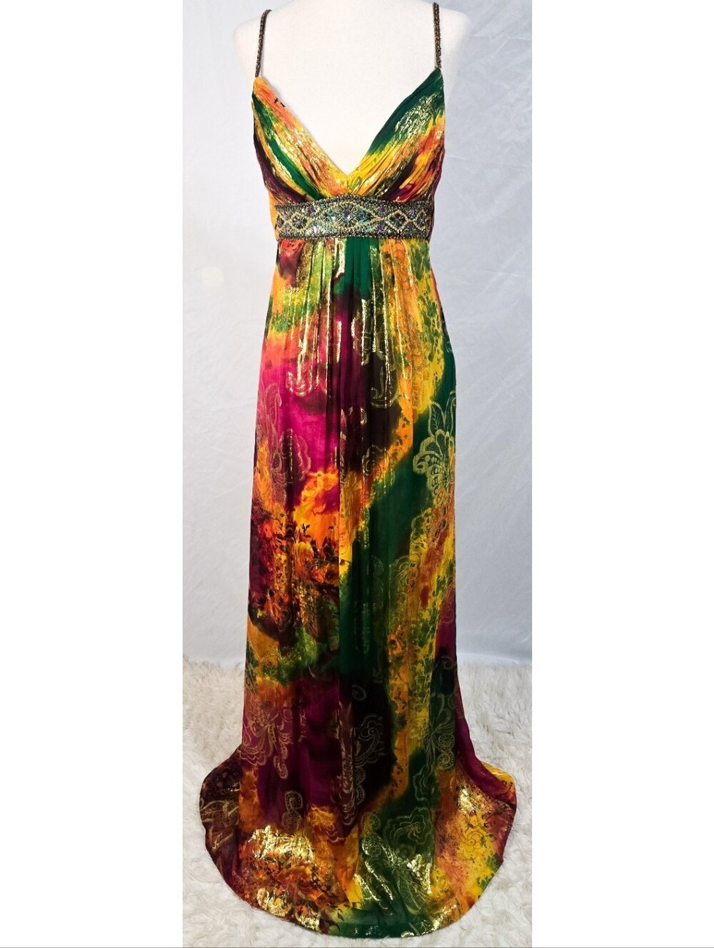 Sue Wong Nocturne Silk Formal Maxi Dress Beaded Gold Metallic Vintage Colorful